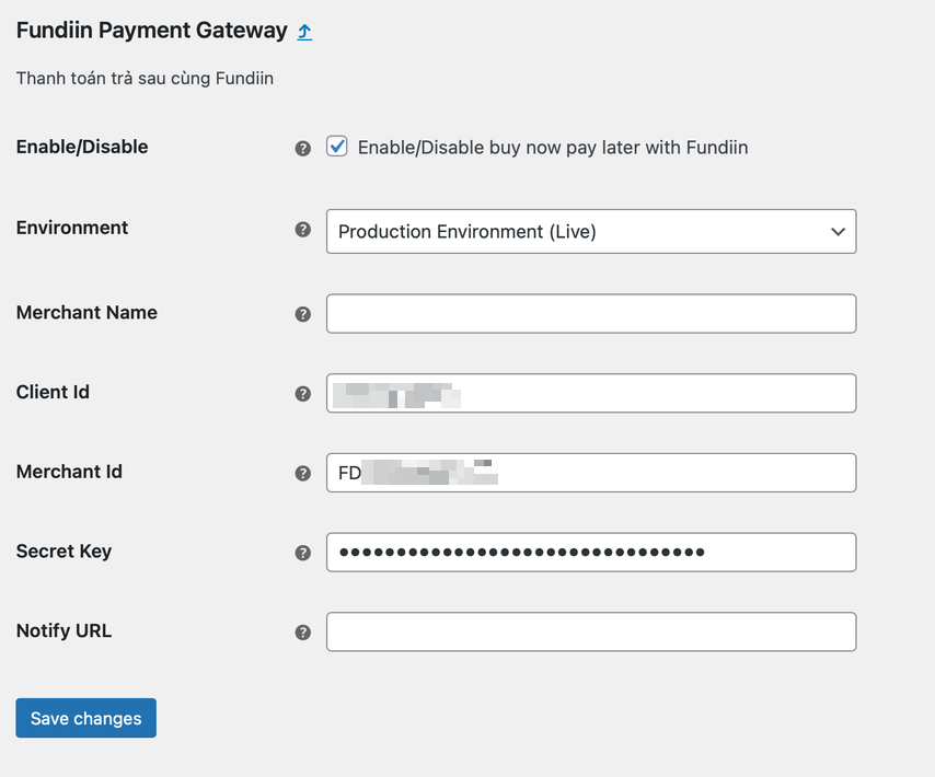 Fundiin WooCommerce Credentials Settings